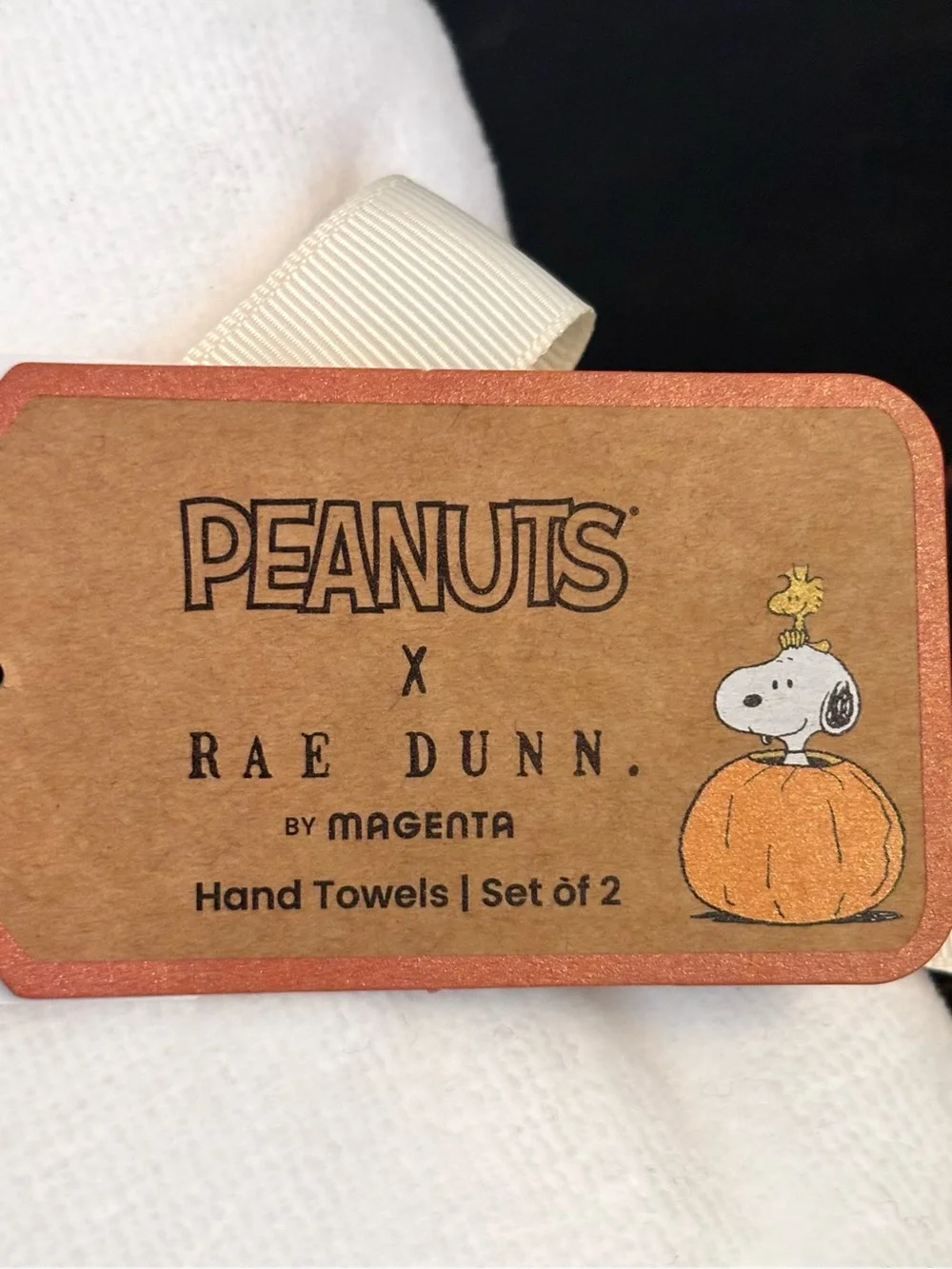 Peanuts x Rae Dunn Set Of 2 Hand Towels BOO! Snoopy Woodstock Halloween NEW
